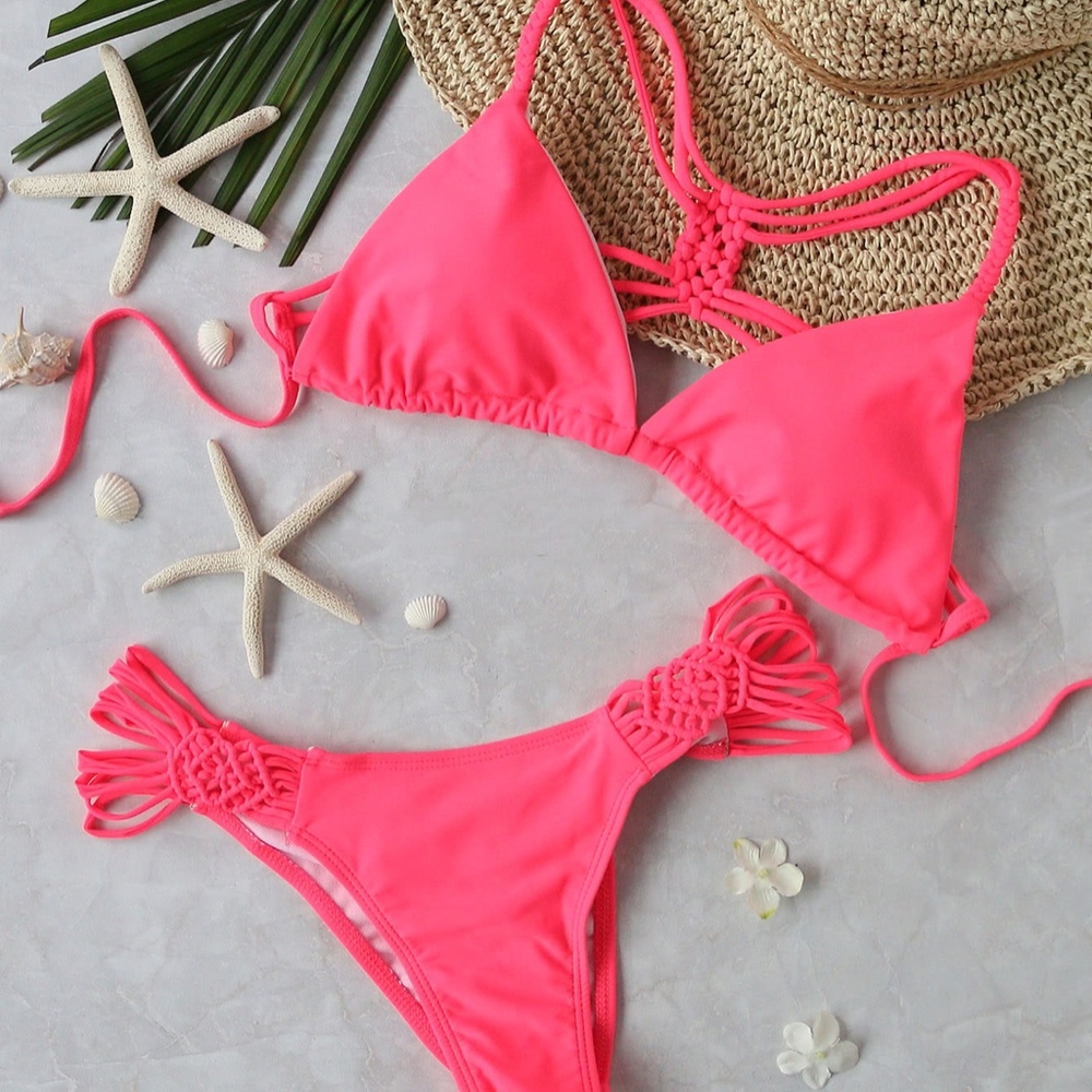 Neon Red Pink Macrame Triangle Bikini Set - Picture 6 of 7